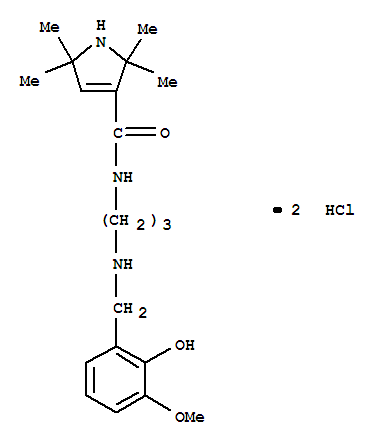 Molecular Structure of 102132-03-6 (1H-Pyrrole-3-carboxamide,2,5-dihydro-N-[3-[[(2-hydroxy-3-methoxyphenyl)methyl]amino]propyl]-2,2,5,5-tetramethyl-,hydrochloride (1:2))