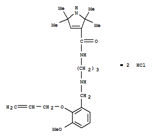 Molecular Structure of 102132-05-8 (1H-Pyrrole-3-carboxamide,2,5-dihydro-N-[3-[[[3-methoxy-2-(2-propen-1-yloxy)phenyl]methyl]amino]propyl]-2,2,5,5-tetramethyl-,hydrochloride (1:2))