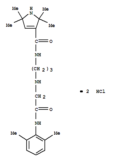 Molecular Structure of 102132-21-8 (1H-Pyrrole-3-carboxamide,N-[3-[[2-[(2,6-dimethylphenyl)amino]-2-oxoethyl]amino]propyl]-2,5-dihydro-2,2,5,5-tetramethyl-,hydrochloride (1:2))