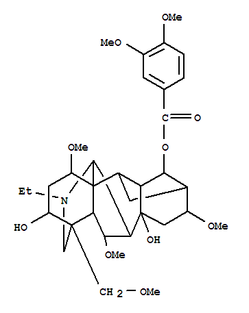 Molecular Structure of 102358-18-9 (Aconitane-3,8,14-triol,20-ethyl-1,6,16-trimethoxy-4-(methoxymethyl)-, 14-(3,4-dimethoxybenzoate), (1a,3a,6a,14a,16b)- (9CI))