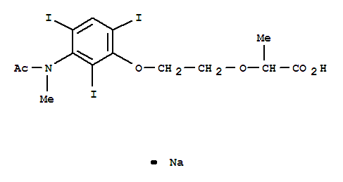 Molecular Structure of 102504-59-6 (Propanoic acid,2-[2-[3-(acetylmethylamino)-2,4,6-triiodophenoxy]ethoxy]-, sodium salt (1:1))