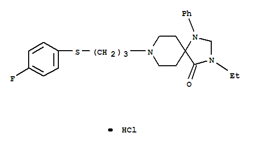 Molecular Structure of 102504-72-3 (1,3,8-Triazaspiro[4.5]decan-4-one,3-ethyl-8-[3-[(4-fluorophenyl)thio]propyl]-1-phenyl-, hydrochloride (1:1))