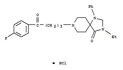 Molecular Structure of 102504-73-4 (1,3,8-Triazaspiro[4.5]decan-4-one,3-ethyl-8-[4-(4-fluorophenyl)-4-oxobutyl]-1-phenyl-, hydrochloride (1:1))