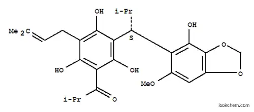Molecular Structure of 103766-15-0 (1-Propanone,2-methyl-1-[2,4,6-trihydroxy-5-[(1S)-1-(4-hydroxy-6-methoxy-1,3-benzodioxol-5-yl)-2-methylpropyl]-3-(3-methyl-2-butenyl)phenyl]-(9CI))