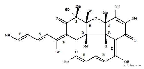 Molecular Structure of 103779-43-7 ((-)-4a,5a,9a,9b-Tetrahydro-1,4,4a,6,8-pentahydroxy-4,5a,7,9b-tetramethyl-2,9-bis(1-oxo-2,4-hexadienyl)dibenzofuran-3(4H)-one)