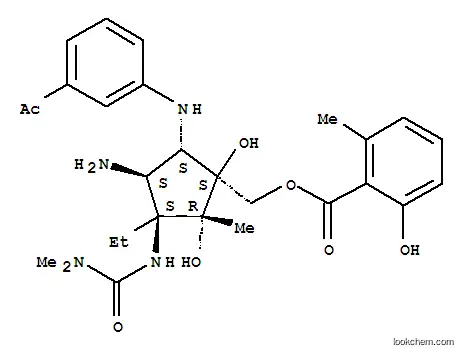 Molecular Structure of 104820-96-4 (2-Hydroxy-6-methylbenzoic acid [(1S)-5α-[(3-acetylphenyl)amino]-4β-amino-3β-[[(dimethylamino)carbonyl]amino]-3α-ethyl-1β,2α-dihydroxy-2β-methylcyclopentyl]methyl ester)