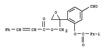 Molecular Structure of 104900-62-1 (2-Propenoic acid,3-phenyl-, [2-[4-formyl-2-(2-methyl-1-oxopropoxy)phenyl]oxiranyl]methyl ester(9CI))