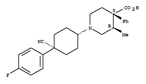 Molecular Structure of 104975-48-6 (4-Piperidinecarboxylicacid, 1-[cis-4-cyano-4-(4-fluorophenyl)cyclohexyl]-3-methyl-4-phenyl-, (3R,4S)-)