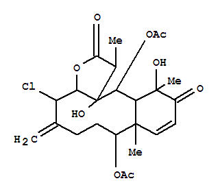 Molecular Structure of 104993-08-0 (Benzo[4,5]cyclodeca[1,2-b]furan-2,11(1H,3aH)-dione,8,13-bis(acetyloxy)-4-chloro-4,5,6,7,8,8a,12,12a,13,13a-decahydro-12,13a-dihydroxy-1,8a,12-trimethyl-5-methylene-,(1R,3aR,4S,8S,8aS,12S,12aS,13R,13aR)- (9CI))