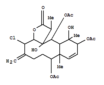 Molecular Structure of 104993-09-1 (Benzo[4,5]cyclodeca[1,2-b]furan-2(1H)-one,8,11,13-tris(acetyloxy)-4-chloro-3a,4,5,6,7,8,8a,11,12,12a,13,13a-dodecahydro-12,13a-dihydroxy-1,8a,12-trimethyl-5-methylene-,(1R,3aR,4S,8S,8aS,11R,12S,12aS,13R,13aR)- (9CI))