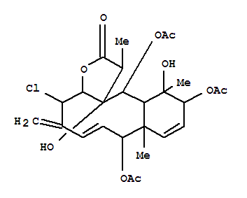 Molecular Structure of 104993-10-4 (Benzo[4,5]cyclodeca[1,2-b]furan-2(1H)-one,8,11,13-tris(acetyloxy)-4-chloro-3a,4,5,8,8a,11,12,12a,13,13a-decahydro-12,13a-dihydroxy-1,8a,12-trimethyl-5-methylene-,(1R,3aR,4S,6Z,8S,8aS,11R,12S,12aS,13R,13aR)- (9CI))