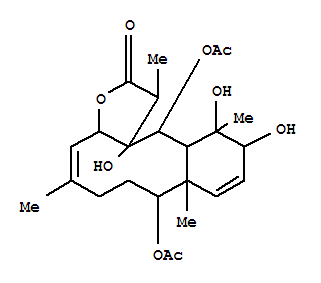 Molecular Structure of 104993-13-7 (Benzo[4,5]cyclodeca[1,2-b]furan-2(1H)-one,8,13-bis(acetyloxy)-3a,6,7,8,8a,11,12,12a,13,13a-decahydro-11,12,13a-trihydroxy-1,5,8a,12-tetramethyl-,(1R,3aS,4Z,8S,8aS,11R,12S,12aS,13R,13aS)- (9CI))