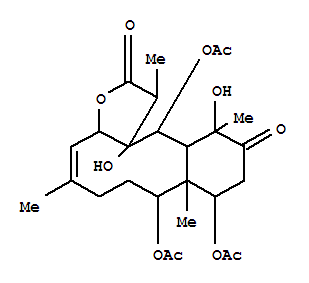 Molecular Structure of 104993-14-8 (Benzo[4,5]cyclodeca[1,2-b]furan-2,11(1H,3aH)-dione,8,9,13-tris(acetyloxy)-6,7,8,8a,9,10,12,12a,13,13a-decahydro-12,13a-dihydroxy-1,5,8a,12-tetramethyl-,(1R,3aS,4Z,8S,8aS,9S,12S,12aS,13R,13aS)- (9CI))