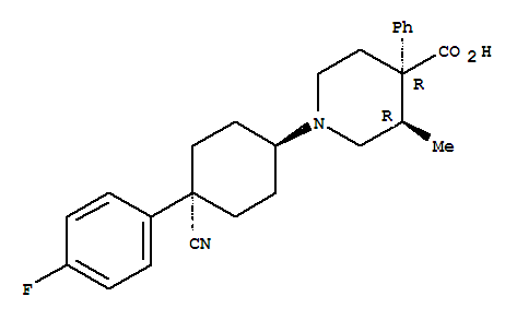 Molecular Structure of 105118-20-5 (4-Piperidinecarboxylicacid, 1-[trans-4-cyano-4-(4-fluorophenyl)cyclohexyl]-3-methyl-4-phenyl-,(3R,4R)-rel-)