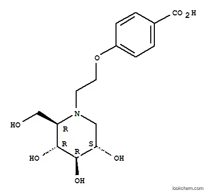 Molecular Structure of 105284-19-3 (Benzoic acid,4-[2-[(2R,3R,4R,5S)-3,4,5-trihydroxy-2-(hydroxymethyl)-1-piperidinyl]ethoxy]-)