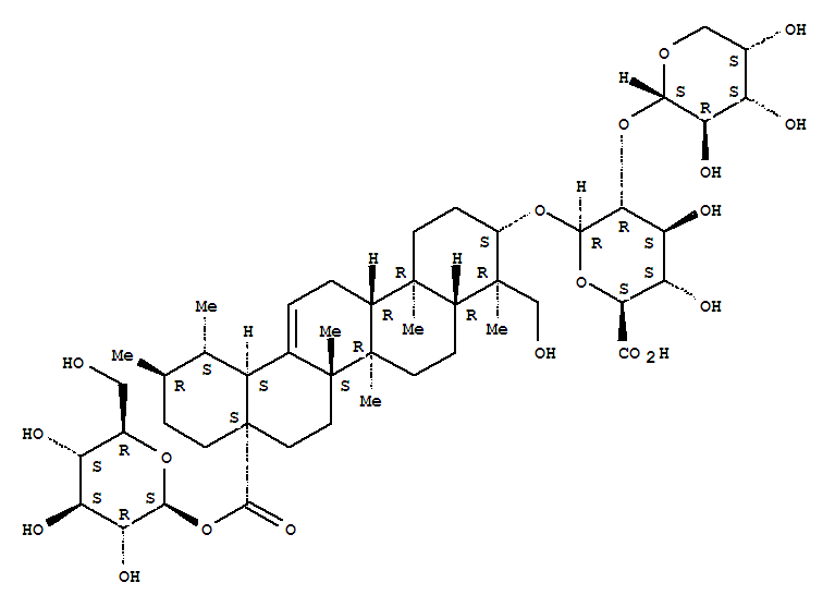 Molecular Structure of 117804-10-1 (b-D-Glucopyranosiduronic acid, (3b,4a)-28-(b-D-glucopyranosyloxy)-23-hydroxy-28-oxours-12-en-3-yl 2-O-a-L-arabinopyranosyl- (9CI))