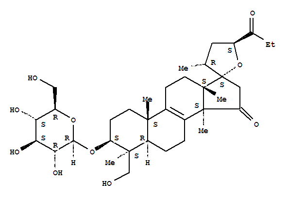 Molecular Structure of 118197-29-8 (27-Norlanost-8-ene-15,24-dione,17,23-epoxy-3-(b-D-glucopyranosyloxy)-28-hydroxy-,(3b,4b,23S)- (9CI))