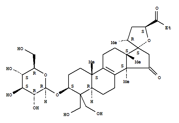 Molecular Structure of 118197-30-1 (27-Norlanost-8-ene-15,24-dione,17,23-epoxy-3-(b-D-glucopyranosyloxy)-28,29-dihydroxy-,(3b,23S)- (9CI))