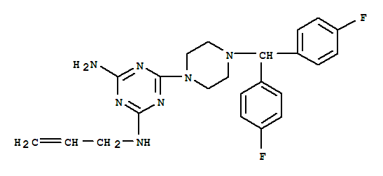 Molecular Structure of 118448-53-6 (1,3,5-Triazine-2,4-diamine,6-[4-[bis(4-fluorophenyl)methyl]-1-piperazinyl]-N2-2-propen-1-yl-)