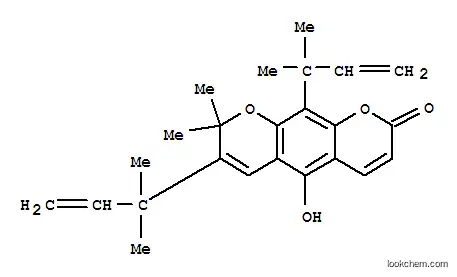 Molecular Structure of 119139-65-0 (2H,8H-Benzo[1,2-b:5,4-b']dipyran-2-one,7,10-bis(1,1-dimethyl-2-propenyl)-5-hydroxy-8,8-dimethyl- (9CI))