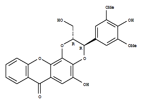 Molecular Structure of 119269-69-1 (7H-1,4-Dioxino[2,3-c]xanthen-7-one,2,3-dihydro-5-hydroxy-3-(4-hydroxy-3,5-dimethoxyphenyl)-2-(hydroxymethyl)-,(2R,3R)-)