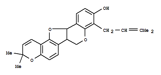 Molecular Structure of 119269-75-9 (6H,10H-Furo[3,2-c:5,4-f']bis[1]benzopyran-3-ol,6a,13a-dihydro-10,10-dimethyl-4-(3-methyl-2-buten-1-yl)-, (6aR,13aR)-)