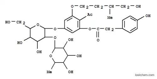 Molecular Structure of 119558-02-0 (Benzeneacetic acid,4-hydroxy-, 2-acetyl-5-[[2-O-(6-deoxy-a-L-mannopyranosyl)-b-D-glucopyranosyl]oxy]-3-(4-hydroxy-3-methylbutoxy)phenylester (9CI))