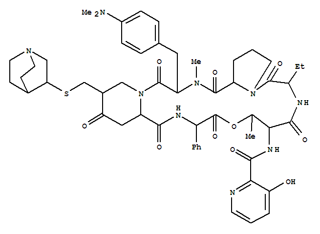 Virginiamycin S1,4-[4-(dimethylamino)-N-methyl-L-phenylalanine]-5-[(2S,5R)-5-[[[(3S)-1-azabicyclo[2.2.2]oct-3-yl]thio]methyl]-4-oxo-2-piperidinecarboxylicacid]- cas  120138-50-3