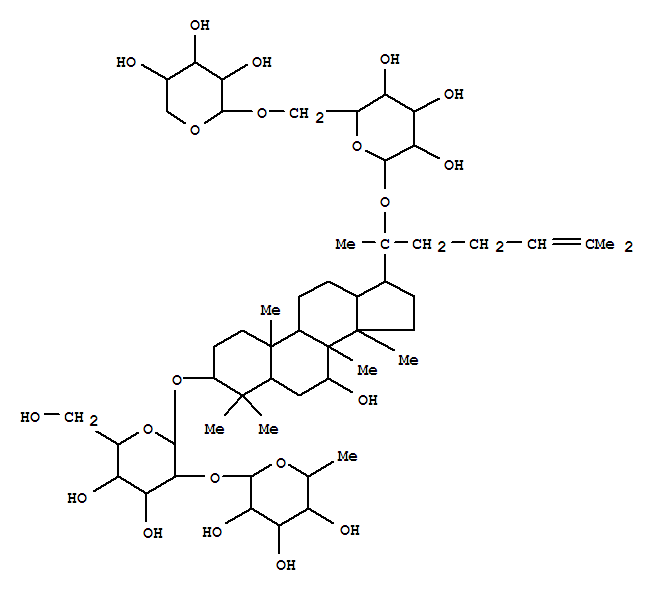 Molecular Structure of 120727-80-2 (b-D-Glucopyranoside, (3b,7b)-7-hydroxy-20-[(6-O-b-D-xylopyranosyl-b-D-glucopyranosyl)oxy]dammar-24-en-3-yl 2-O-(6-deoxy-a-L-mannopyranosyl)- (9CI))