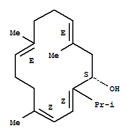 Molecular Structure of 121421-68-9 (2,4,8,12-Cyclotetradecatetraen-1-ol,5,9,13-trimethyl-2-(1-methylethyl)-, (1S,2Z,4Z,8E,12E)-)