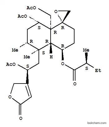 Molecular Structure of 121449-65-8 (Butanoic acid,2-methyl-,(1R,4R,4aR,5S,6R,8S,8aR)-8-(acetyloxy)-5-[(2S)-2-(acetyloxy)-2-(2,5-dihydro-5-oxo-3-furanyl)ethyl]-8a-[(acetyloxy)methyl]octahydro-5,6-dimethylspiro[naphthalene-1(2H),2'-oxiran]-4-ylester, (2S)-)