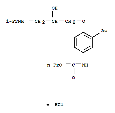 Molecular Structure of 121624-41-7 (Carbamic acid,[3-acetyl-4-[2-hydroxy-3-[(1-methylethyl)amino]propoxy]phenyl]-, propyl ester,monohydrochloride (9CI))