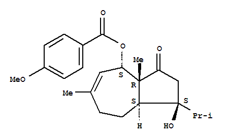 Molecular Structure of 122206-77-3 (Benzoic acid,4-methoxy-,(1R,3aS,4R,8aR)-1,2,3,3a,4,7,8,8a-octahydro-1-hydroxy-3a,6-dimethyl-1-(1-methylethyl)-3-oxo-4-azulenylester, rel-)