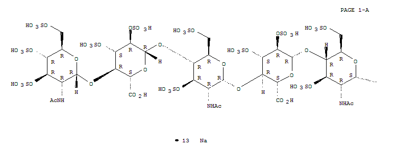 Molecular Structure of 122992-77-2 (a-D-Glucopyranoside, methylO-2-(acetylamino)-2-deoxy-3,4,6-tri-O-sulfo-a-D-glucopyranosyl-(1®4)-O-2,3-di-O-sulfo-b-D-glucopyranuronosyl-(1®4)-O-2-(acetylamino)-2-deoxy-3,6-di-O-sulfo-a-D-glucopyranosyl-(1®4)-O-2,3-di-O-sulfo-b-D-glucopyranuronosyl-(1®4)-2-(acetylamino)-2-deoxy-,3,6-bis(hydrogen sulfate), tridecasodium salt (9CI))