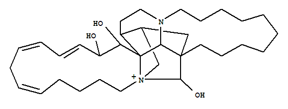 Molecular Structure of 123089-18-9 (16aH,17H-2,16:16,30-Dimethano-1H-azacyclotridecino[1'',2'':1',2']pyrido[3',4':2,3]pyrrolo[1,2-a]azacyclopentadecin-30-ium,2,2a,3,4,6,7,8,9,10,11,12,13,14,15,18,23,26,27,28,29-eicosahydro-17,18,31-trihydroxy-,(2S,2aR,16R,16aS,16bS,17S,18R,19E,21Z,24Z,30S,31S)-)