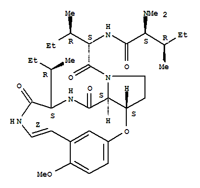 Molecular Structure of 123089-20-3 (Pentanamide,2-(dimethylamino)-3-methyl-N-[(1S,2R)-2-methyl-1-[[(3aS,10Z,14S,16aS)-3,3a,12,13,14,15,16,16a-octahydro-8-methoxy-14-[(1R)-1-methylpropyl]-13,16-dioxo-5,9-metheno-9H-pyrrolo[3,2-b][1,5,8]oxadiazacyclopentadecin-1(2H)-yl]carbonyl]butyl]-,(2S,3R)- (9CI))