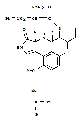 Molecular Structure of 123089-21-4 (5,9-Metheno-9H-pyrrolo[3,2-b][1,5,8]oxadiazacyclopentadecine-13,16(1H,12H)-dione,1-[2-(dimethylamino)-1-oxo-3-phenylpropyl]-2,3,3a,14,15,16a-hexahydro-8-methoxy-14-(1-methylpropyl)-(9CI))