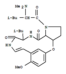 Molecular Structure of 123089-22-5 (5,9-Metheno-9H-pyrrolo[3,2-b][1,5,8]oxadiazacyclopentadecine-13,16(1H,12H)-dione,1-[2-(dimethylamino)-4-methyl-1-oxopentyl]-2,3,3a,14,15,16a-hexahydro-8-methoxy-14-(2-methylpropyl)-(9CI))