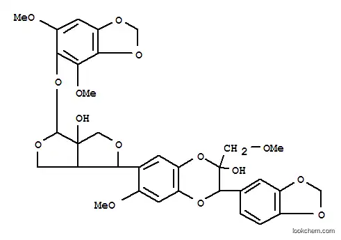 Molecular Structure of 123522-88-3 (1,4-Benzodioxin-2-ol,3-(1,3-benzodioxol-5-yl)-7-[4-[(4,6-dimethoxy-1,3-benzodioxol-5-yl)oxy]tetrahydro-3a-hydroxy-1H,3H-furo[3,4-c]furan-1-yl]-2,3-dihydro-6-methoxy-2-(methoxymethyl)-(9CI))