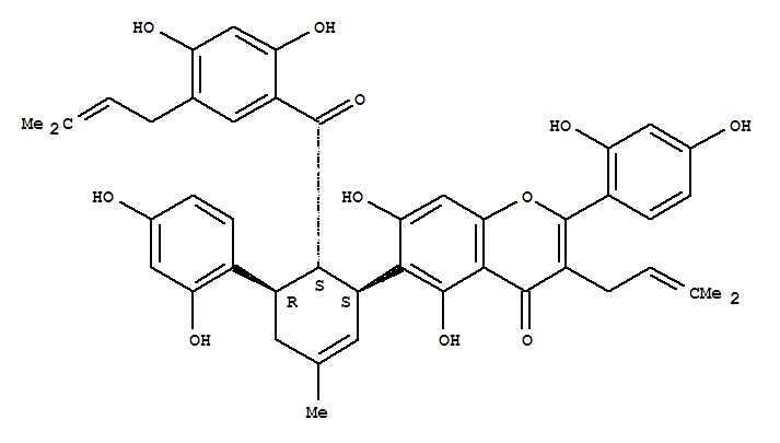 Molecular Structure of 123914-50-1 (4H-1-Benzopyran-4-one,6-[(1S,5R,6S)-6-[2,4-dihydroxy-5-(3-methyl-2-buten-1-yl)benzoyl]-5-(2,4-dihydroxyphenyl)-3-methyl-2-cyclohexen-1-yl]-2-(2,4-dihydroxyphenyl)-5,7-dihydroxy-3-(3-methyl-2-buten-1-yl)-)