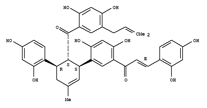 Molecular Structure of 123914-51-2 (2-Propen-1-one,1-[5-[(1S,5R,6S)-6-[2,4-dihydroxy-5-(3-methyl-2-buten-1-yl)benzoyl]-5-(2,4-dihydroxyphenyl)-3-methyl-2-cyclohexen-1-yl]-2,4-dihydroxyphenyl]-3-(2,4-dihydroxyphenyl)-,(2E)-)