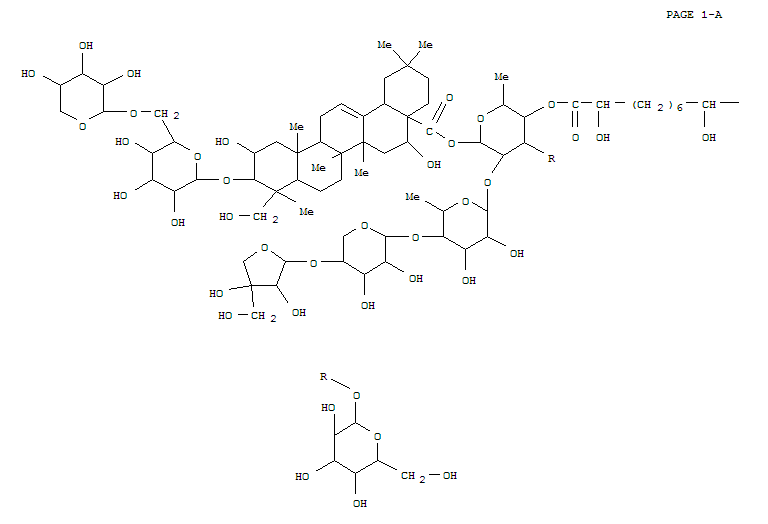 Molecular Structure of 124631-49-8 (Olean-12-en-28-oicacid, 3-[(6-O-a-L-arabinopyranosyl-b-D-glucopyranosyl)oxy]-2,16,23-trihydroxy-,O-D-apio-b-D-furanosyl-(1®4)-O-b-D-xylopyranosyl-(1®4)-O-6-deoxy-a-L-mannopyranosyl-(1®2)-O-[b-D-glucopyranosyl-(1®3)]-6-deoxy-4-O-(2,9,16-trihydroxy-1-oxohexadecyl)-b-D-galactopyranosyl ester, (2b,3b,4a,16a)- (9CI))