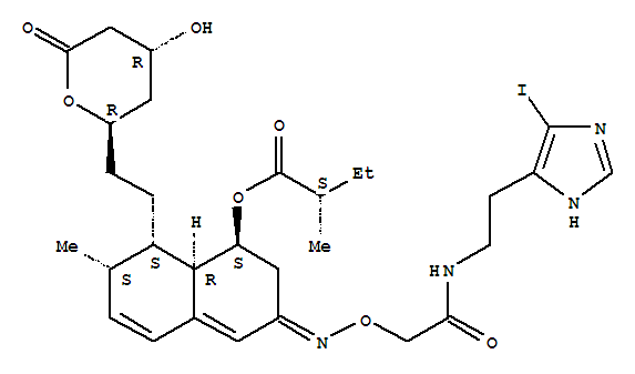 Molecular Structure of 124773-85-9 (Butanoic acid,2-methyl-,(1S,7S,8S,8aR)-1,2,3,7,8,8a-hexahydro-3-[[2-[[2-(5-iodo-1H-imidazol-4-yl)ethyl]amino]-2-oxoethoxy]imino]-7-methyl-8-[2-[(2R,4R)-tetrahydro-4-hydroxy-6-oxo-2H-pyran-2-yl]ethyl]-1-naphthalenylester, (2S)-)