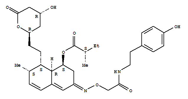 Molecular Structure of 124773-87-1 (Butanoic acid,2-methyl-,(1S,7S,8S,8aR)-1,2,3,7,8,8a-hexahydro-3-[[2-[[2-(4-hydroxyphenyl)ethyl]amino]-2-oxoethoxy]imino]-7-methyl-8-[2-[(2R,4R)-tetrahydro-4-hydroxy-6-oxo-2H-pyran-2-yl]ethyl]-1-naphthalenylester, (2S)-)