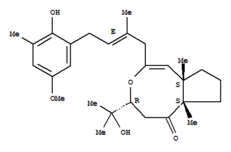 Molecular Structure of 124924-81-8 (Cyclopent[d]oxocin-6(6aH)-one,4,5,7,8,9,9a-hexahydro-2-[(2E)-4-(2-hydroxy-5-methoxy-3-methylphenyl)-2-methyl-2-buten-1-yl]-4-(1-hydroxy-1-methylethyl)-6a,9a-dimethyl-,(4R,6aS,9aS)-rel-(-)-)