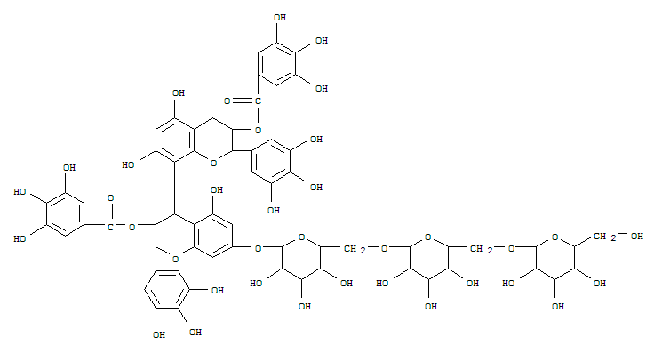 Molecular Structure of 125579-38-6 (Benzoic acid,3,4,5-trihydroxy-, (2R,2'R,3R,3'R,4S)-7-[(O-b-D-glucopyranosyl-(1®6)-O-b-D-glucopyranosyl-(1®6)-b-D-glucopyranosyl)oxy]-3,3',4,4'-tetrahydro-5,5',7'-trihydroxy-2,2'-bis(3,4,5-trihydroxyphenyl)[4,8'-bi-2H-1-benzopyran]-3,3'-diylester (9CI))
