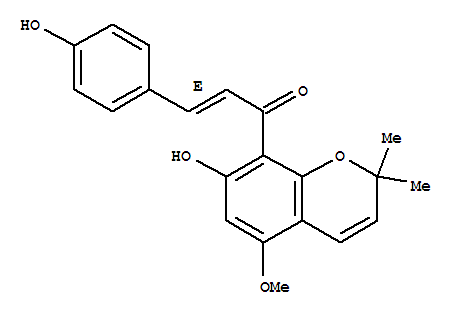 Molecular Structure of 126026-23-1 (2-Propen-1-one,1-(7-hydroxy-5-methoxy-2,2-dimethyl-2H-1-benzopyran-8-yl)-3-(4-hydroxyphenyl)-,(2E)-)