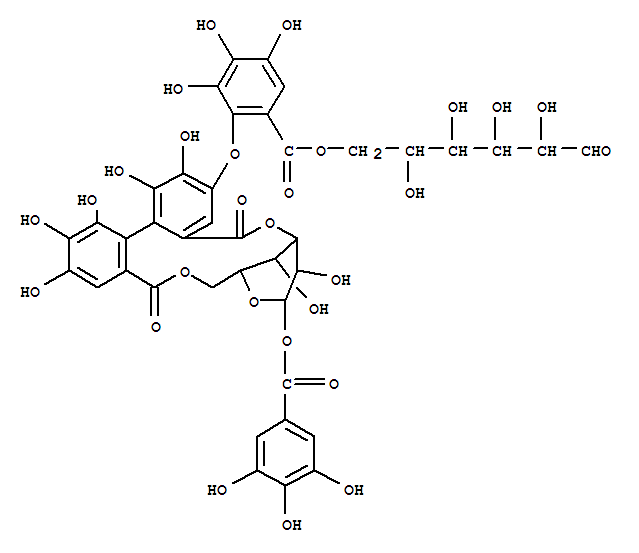 Molecular Structure of 126105-51-9 (D-Glucose, 6-ester withb-D-glucopyranose cyclic 3®2:6®2'-[(1R)-4-(6-carboxy-2,3,4-trihydroxyphenoxy)-4',5,5',6,6'-pentahydroxy[1,1'-biphenyl]-2,2'-dicarboxylate]1-(3,4,5-trihydroxybenzoate) (9CI))