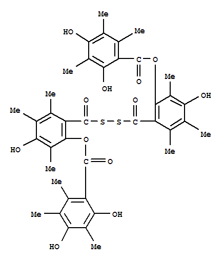 Molecular Structure of 126426-21-9 (Benzoic acid,2,4-dihydroxy-3,5,6-trimethyl-,dithiobis[carbonyl(5-hydroxy-3,4,6-trimethyl-2,1-phenylene)] ester (9CI))
