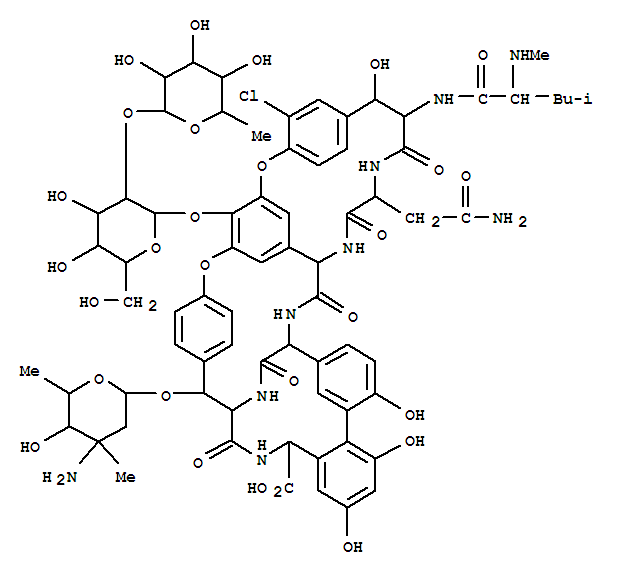 Molecular Structure of 126985-51-1 (Vancomycin,22-O-(3-amino-2,3,6-trideoxy-3-C-methyl-a-D-arabino-hexopyranosyl)-2'-O-de(3-amino-2,3,6-trideoxy-3-C-methyl-a-L-lyxo-hexopyranosyl)-19-dechloro-2'-O-(6-deoxy-a-D-talopyranosyl)-)